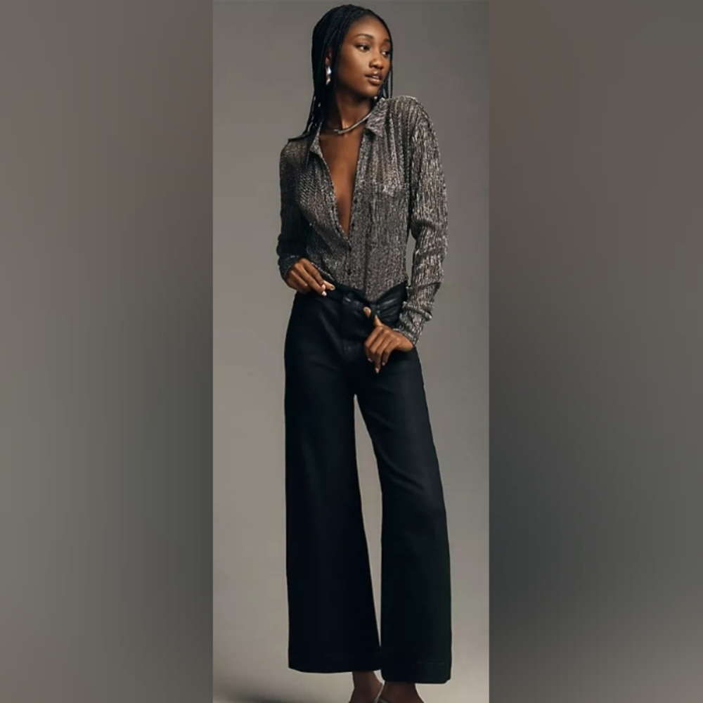Paige Anessa Wide Leg Denim Jean Size 31 Ankle Black Coated - Picture 3 of 15